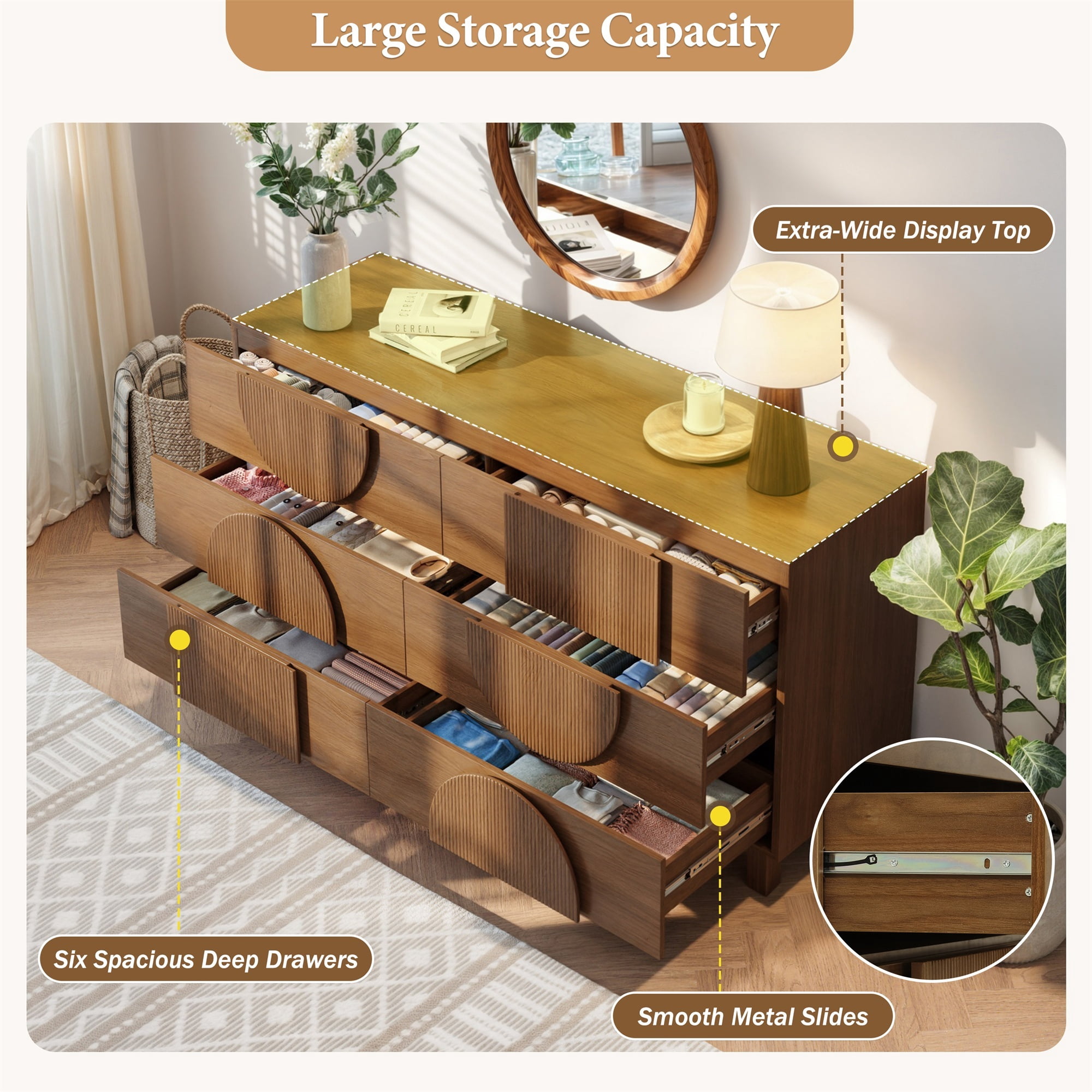 Alvantor 6 Drawer Dresser, 60" Wide Wooden Chest of Drawers, Fluted Dresser for Bedroom,Living Room, Hallway Brown