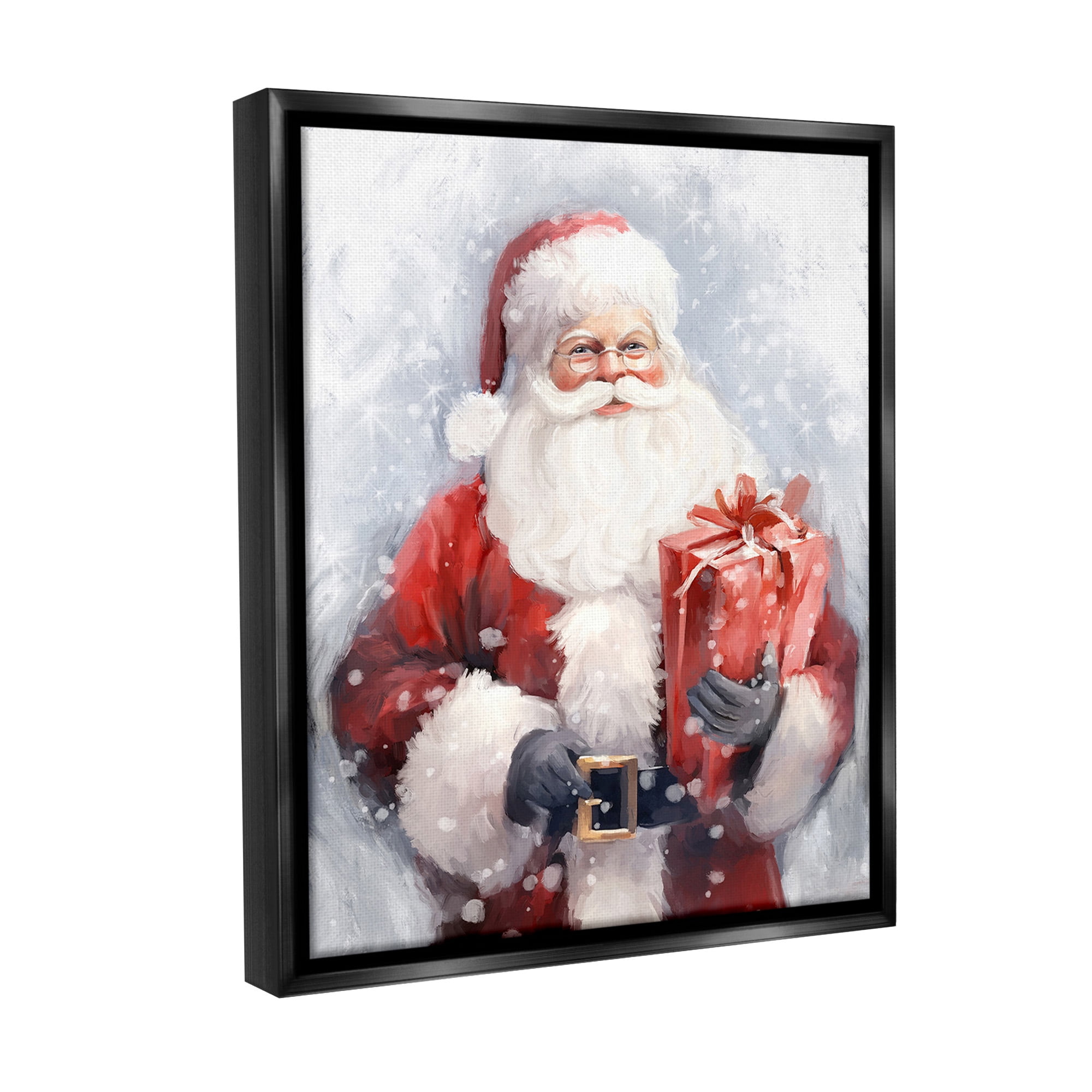 Stupell Industries Santa with Red Gift Holiday Painting Black Floater Framed Canvas Art Print Wall Art, 25 x 31