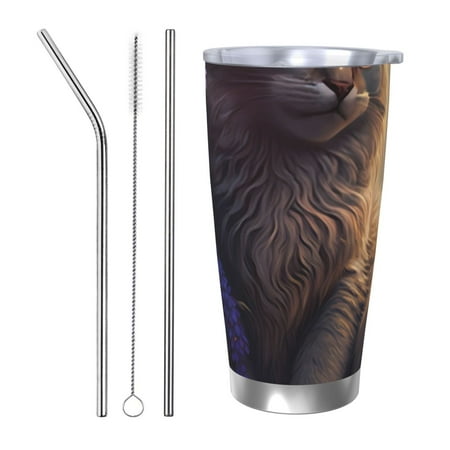 

Fuzoiu Purple Flower Lazy Cat Print 20oz Tumbler Stainless Steel Vacuum Insulated Car Cup Insulated Coffee Mug Travel Mug with Lid Thermal Cup for Outdoor-Straw Three-piece Set