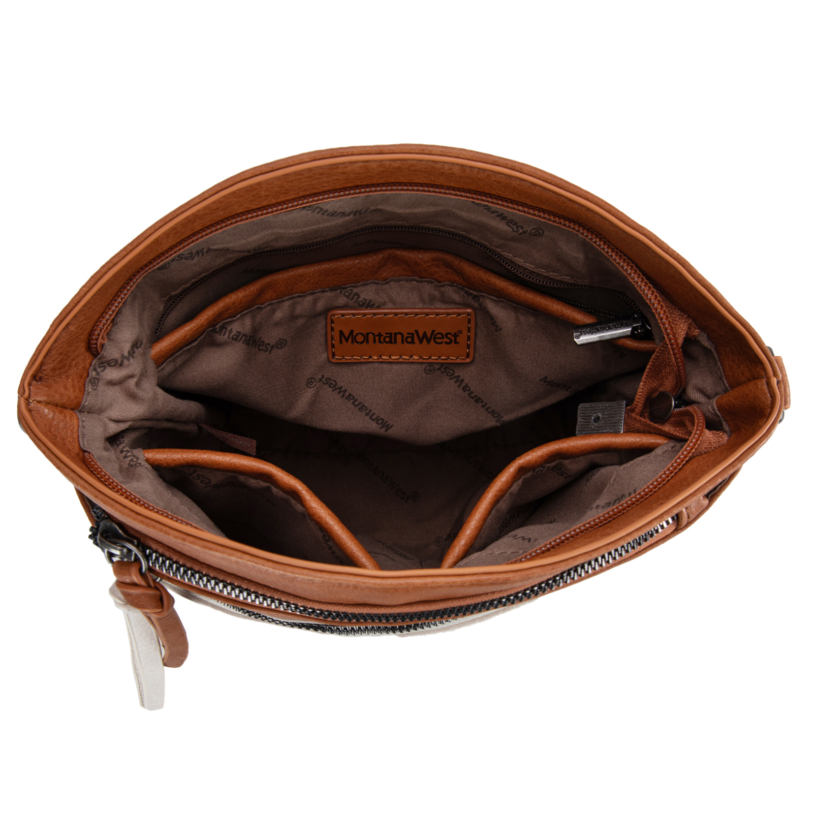 Montana West Multi Zip Pocket Large Crossbody Bag With Guitar Strap, Brown/Beige