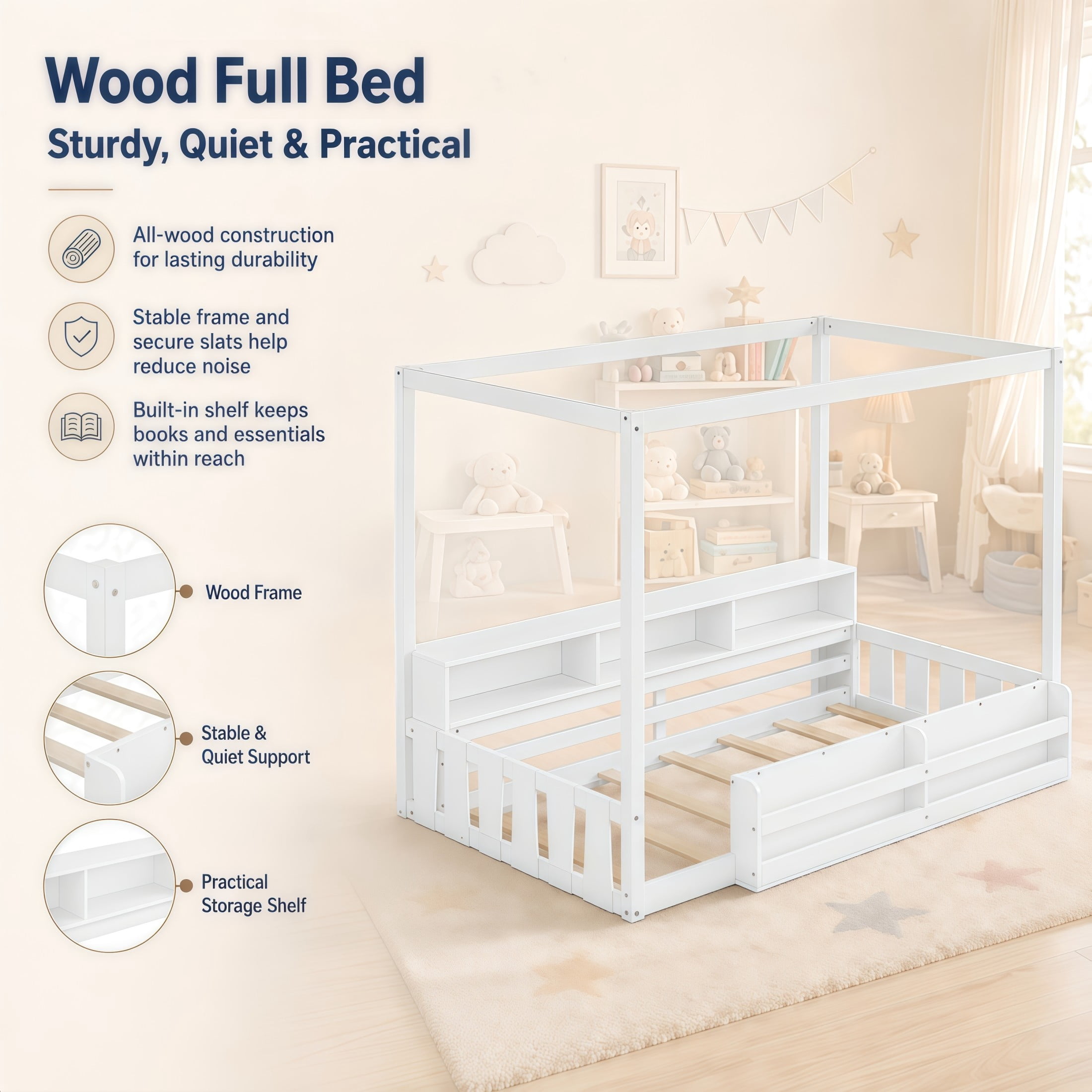 GDF Studio Misol Full Size Montessori Canopy Floor Bed with Storage & Guardrails, Pine Wood Kids Bed Frame, White