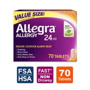 Allegra Adult 24-Hour Allergy Relief Tablets, Non-Drowsy Indoor and Outdoor Allergy Medicine, 180 mg Fexofenadine HCI Antihistamine Pill, 70-Count
