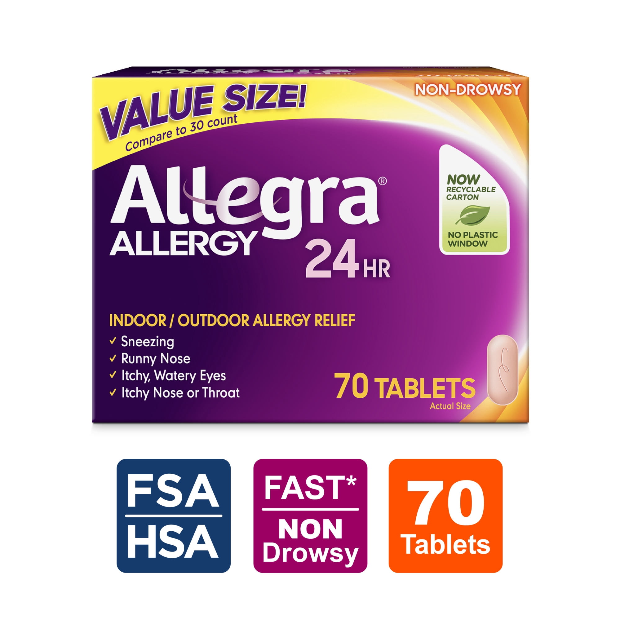 Allegra Adult 24-Hour Allergy Relief Tablets, Non-Drowsy Indoor and Outdoor Allergy Medicine, 180 mg Fexofenadine HCI Antihistamine Pill, 70-Count