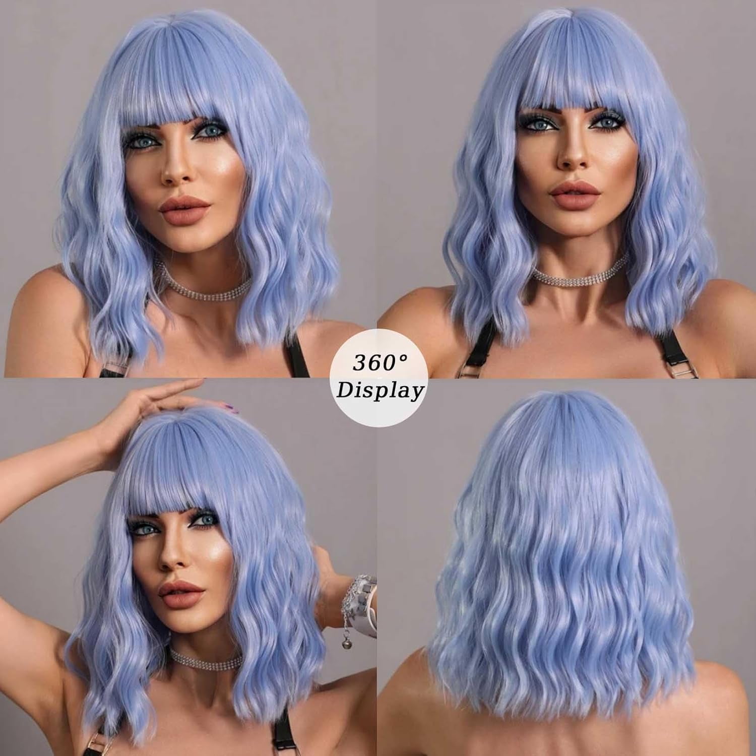 SUCS Black Wavy Wig with Bangs Soft Short Bob Wigs for Women Synthetic Shoulder Length Women's Curly Wigs