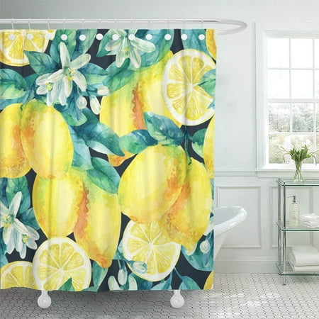 PKNMT Watercolor Lemon Fruit Branch with Leaves on Black Citrus Tree and Slices with Hand Waterproof Bathroom Shower Curtains Set 66x72 (Best Way To Water Fruit Trees)