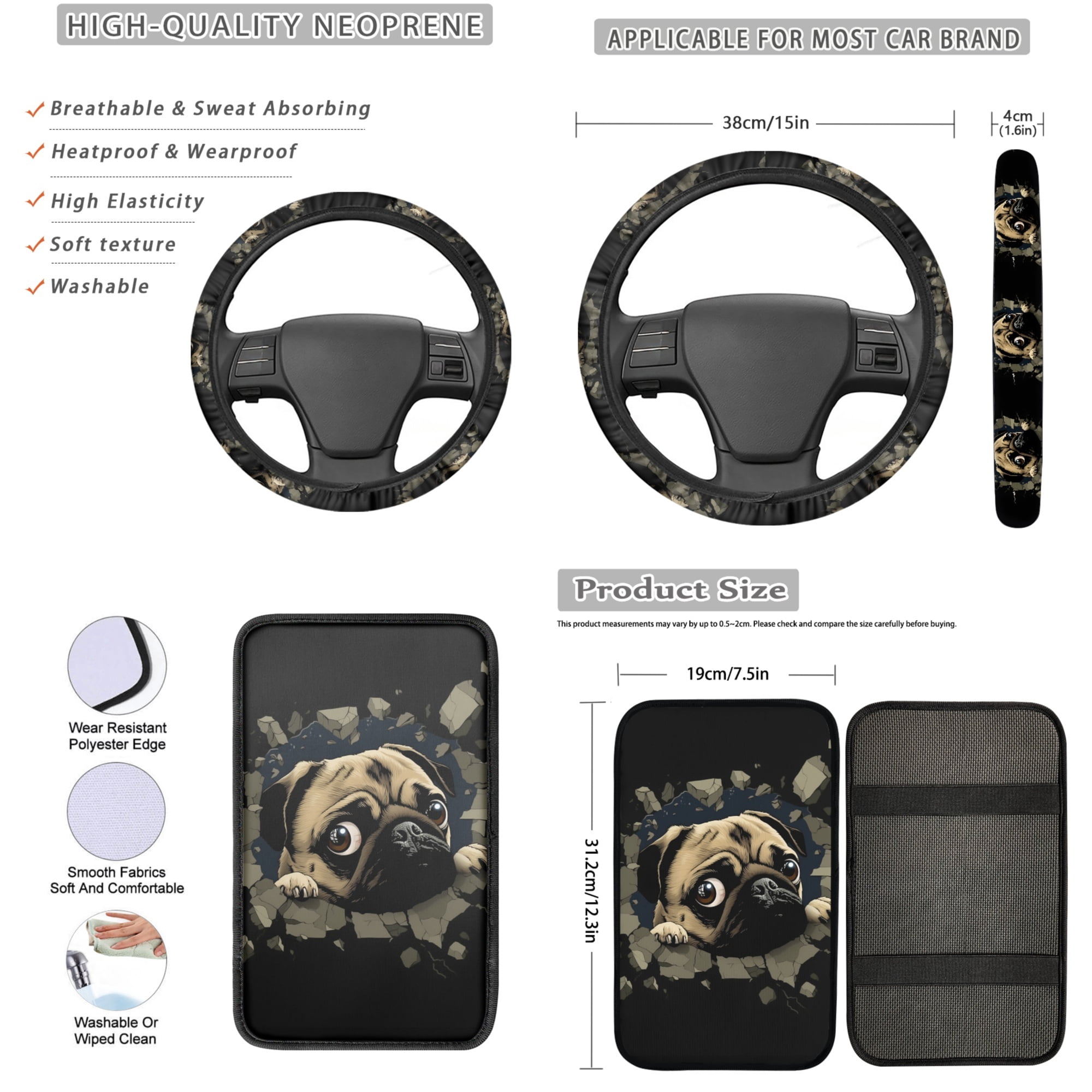 Jeiento Cute Pug 13 PCS Car Seat Cover Set, with Steering Wheel Seat Belt Covers Center Console Pad Coasters Keychain Lipstick Holder Auto Interior Accessories Full Set for Women Men