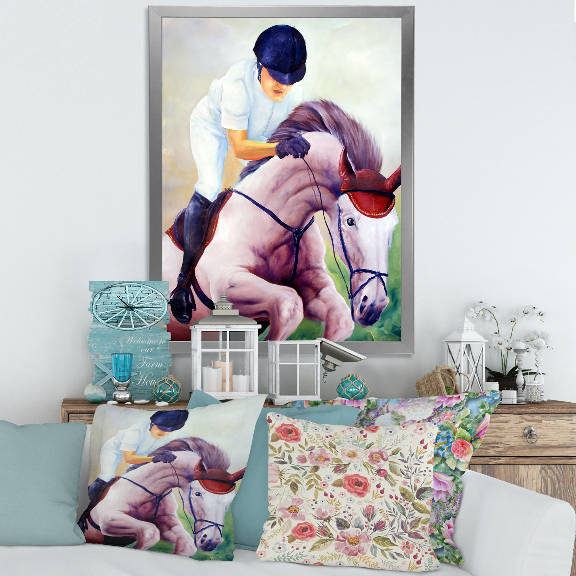 Designart 'Jockey On Galoping Pink Horse' Farmhouse Framed Art Print