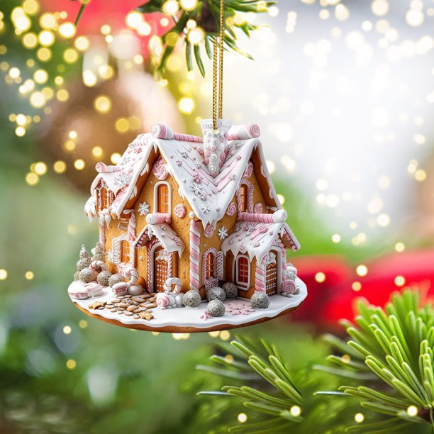 Ireezec Christmas Ornament Hanging Decorations, Acrylic Hou Winter Snowy Scenery Holiday Tree Decor for Home Party Festival Gift Decoration