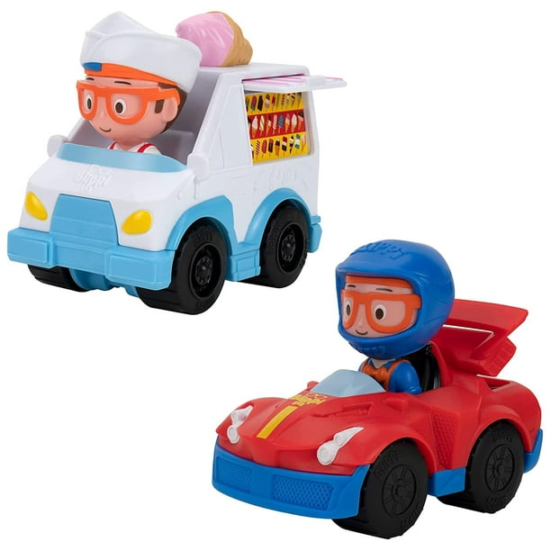 Blippi Mini Vehicle 2-Pack Bundle - Features Ice Cream Truck and Race Car,  Each with a Toy Figure Seated Inside - Educational Vehicles for Toddlers  and Young Kids 