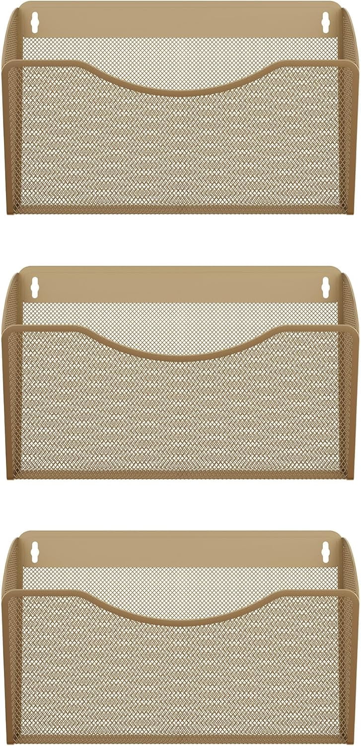 Wall File Organizer, Metal Mesh Hanging File Folder Holder for Letter/A4 Size Folders, Vertical Wall Mount Mail Sorter for Office Paperwork, Classroom, Gold