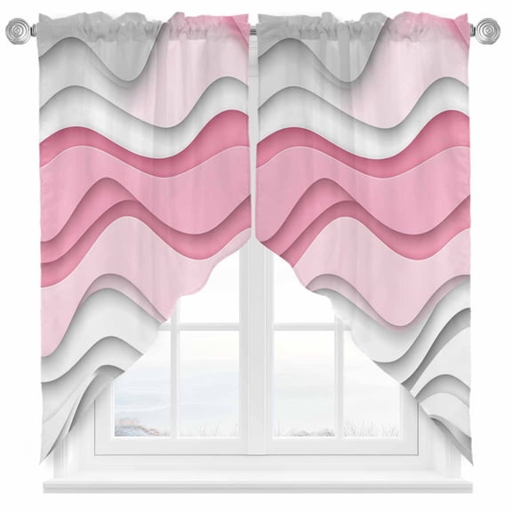 Pink Gray Swag Curtain Valance for Windows, Ombre Water Ripple Modern Abstract Geometric Window Treatments Short Swag Topper for Kitchen Windows Bathroom Bedroom, 36"x63"
