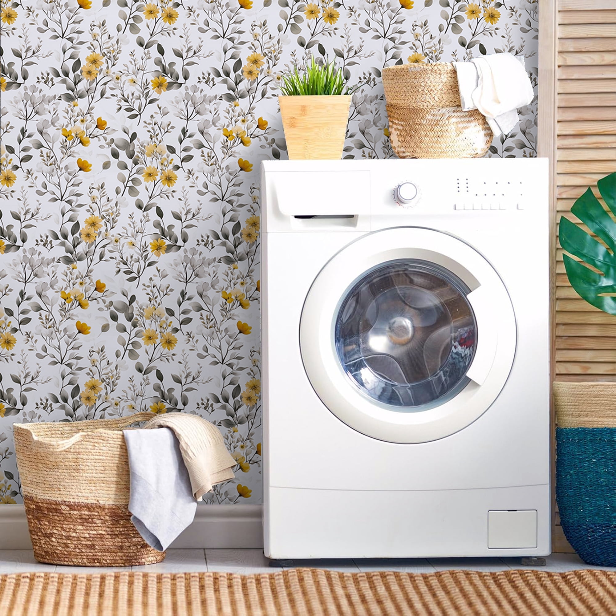 Abyssaly Floral Peel and Stick Wallpaper 17.3 "x 118.1" Yellow Flower and Ink-Wash Leaves Wallpaper Vintage Vinyl Contact Paper Suitable for Home Walls Cabinet Bedroom