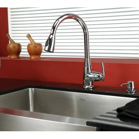 Kraus 30 Inch Farmhouse Single Bowl Stainless Steel Kitchen Sink With Pull Down Kitchen Faucet Soap Dispenser In Chrome