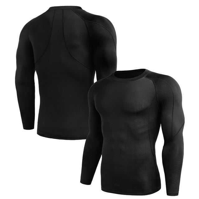 camisas de compresión para hombres 3 pcs capa base elástica de secado rápido tres camisetas negras de manga larga con cuello en O, vista frontal y trasera, tejido liso y ajustado con costuras en panel y corte raglán para mayor movilidad, tela fina, transpirable y altamente elástica, aptas para entrenamiento, running y ciclismo; también suelen usarse como capa base en viajes.