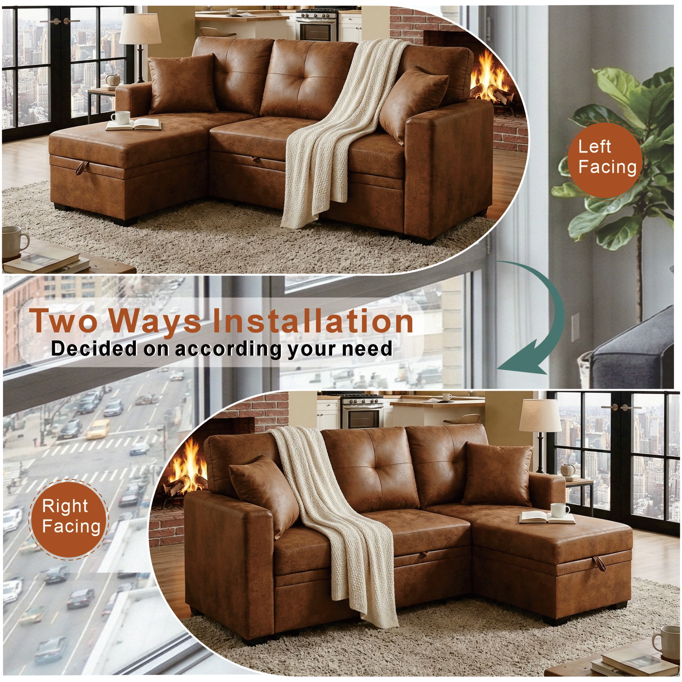 Noble House Sleeper Sectional Sofa with Pull-Out Bed, Reversible Storage Chaise, Foil Fabric, Light Brown