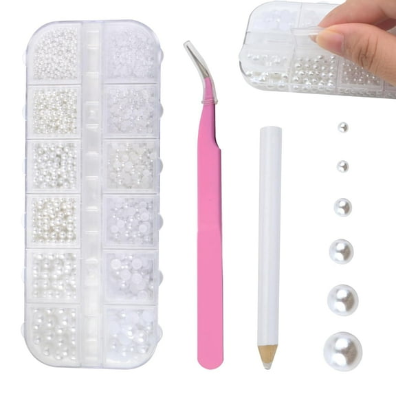 A Box of Nail Art Flatback Pearls Kits, White Semi-circular and Round Pearl Bead Gems with Picker Pencil and Tweezer for DIY Crafts Body Face Makeup Nail Manicure Decoration