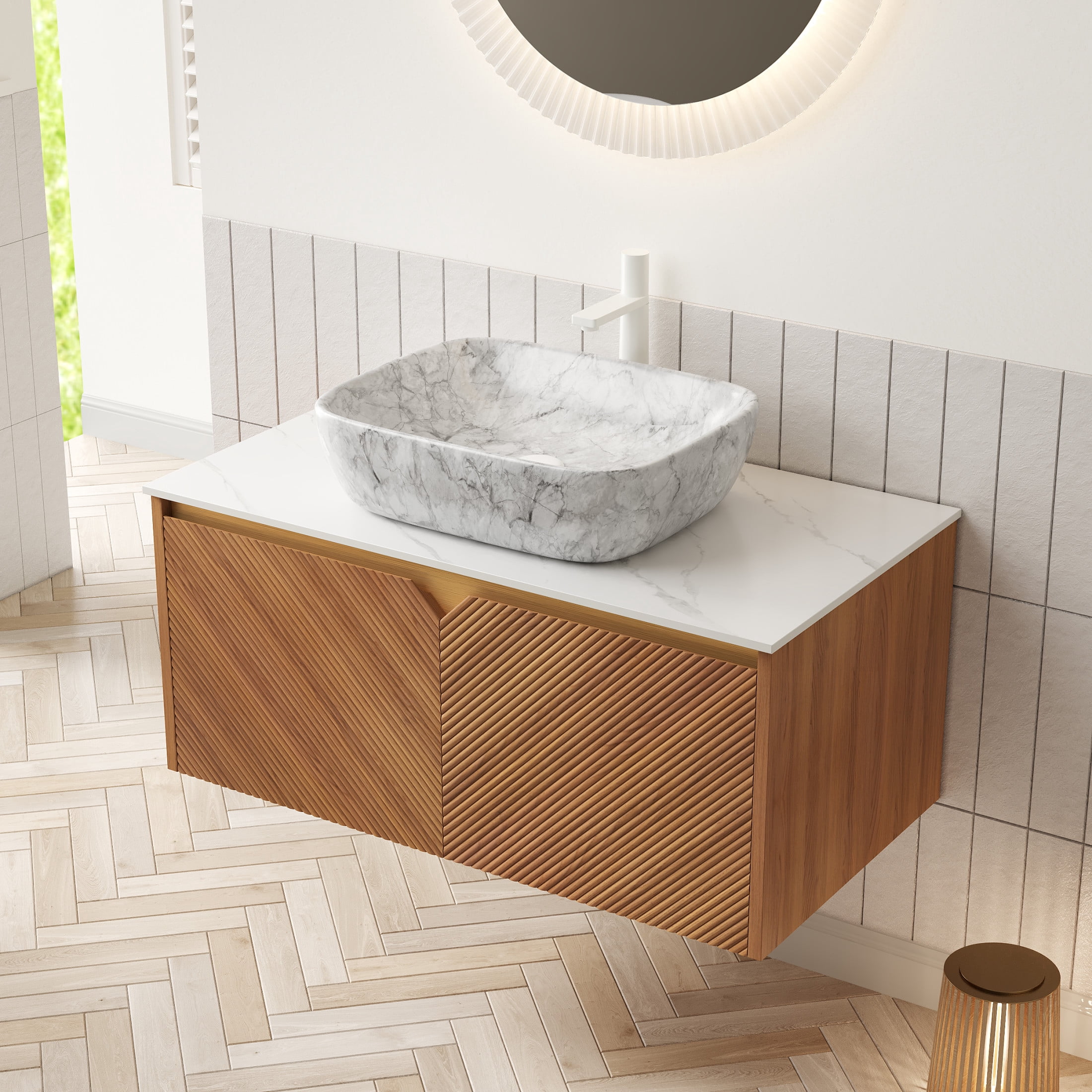 Noble House RUBEN 36" Floating Bathroom Vanity, Sintered Stone Top Cabinet with Gray Stone Ceramic Vessel Sink, Oak