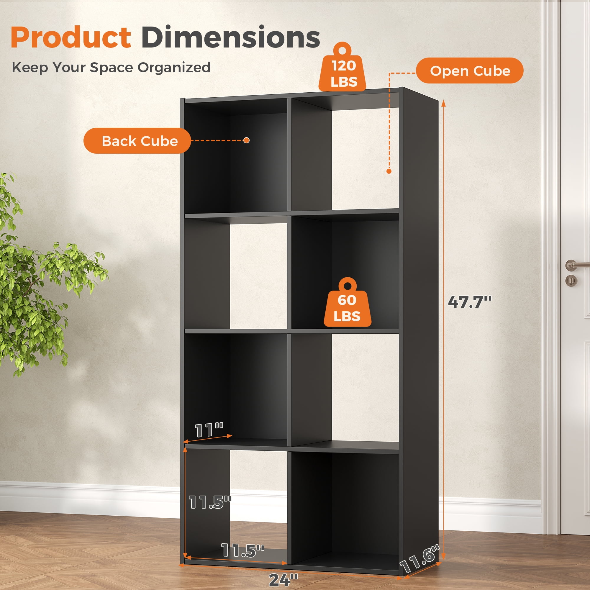 CONCETTA 8 Cube Storage Organizer, Open Corner Bookshelf with Removable Back Panels for Living Room Bedroom Office, 24*12*48 inches, Black