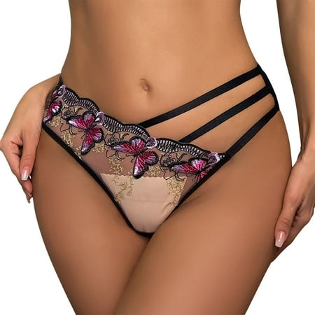 QYZEU undies for women Plus Size Sexy Lace Strap Hollowed Out Briefs Butterfly Graphic No Show Underwear Fashion Breathable Comfy Panties Red M