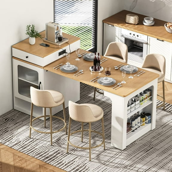 Bellemave 60" Kitchen Island with Extendable Dining Table and Power Outlet, Mobile Kitchen Storage Islands with 2 Storage Drawers, Rolling Islands Cart with Extra Rows Open Shelves(White)