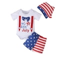 thumbnail image 2 of Baby Boy 4th of July Outfit, Suspender Style Romper & Flag Print Shorts with Hat, Patriotic 3-Piece Set for White 6-12 Months, 2 of 7
