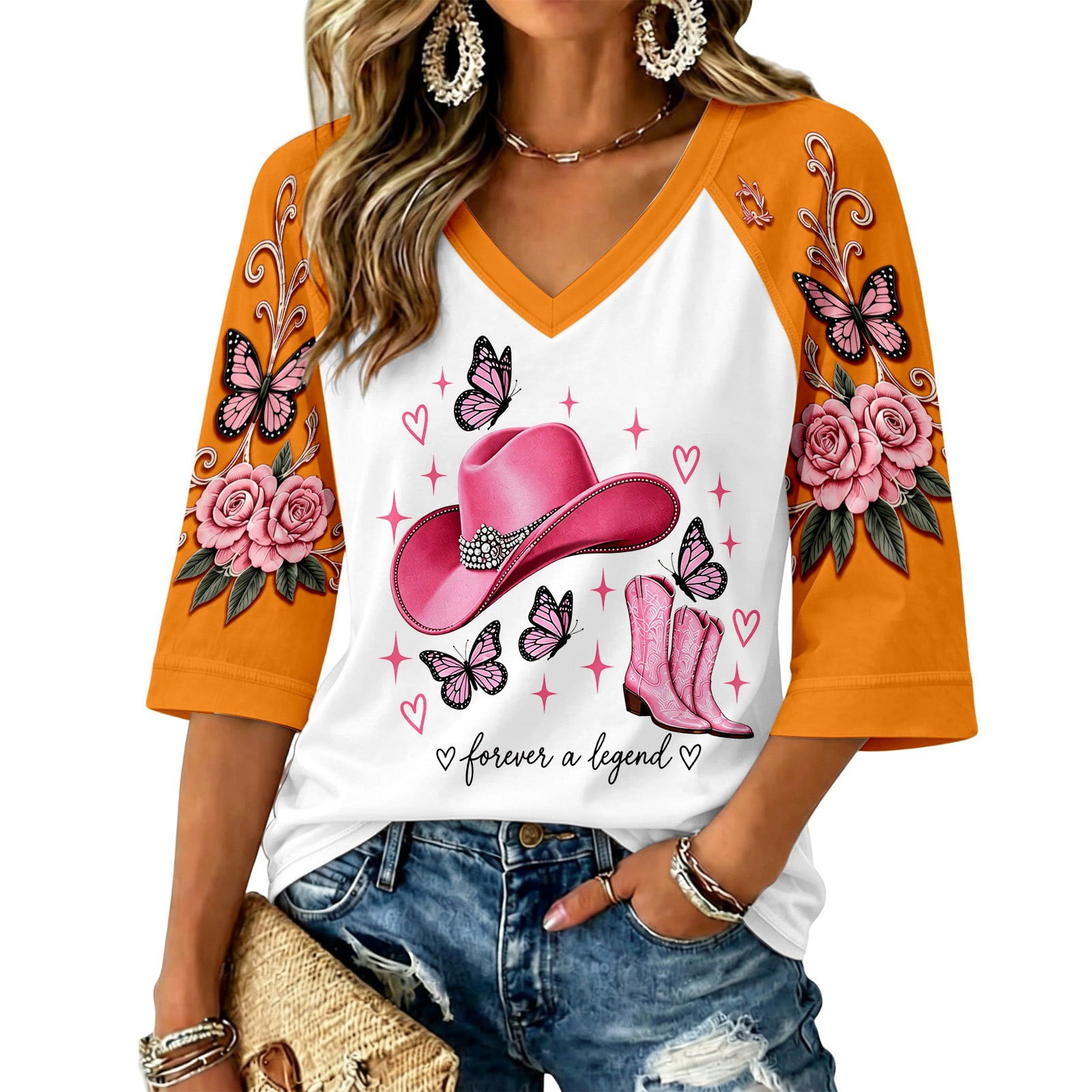 Dolly T-Shirts Parton Memorial Tshirts Country Legend Tees Women s Graphic T Shirt V-Neck 3/4 Sleeve Raglan Casual Cowboy Hat Rose Print Tops