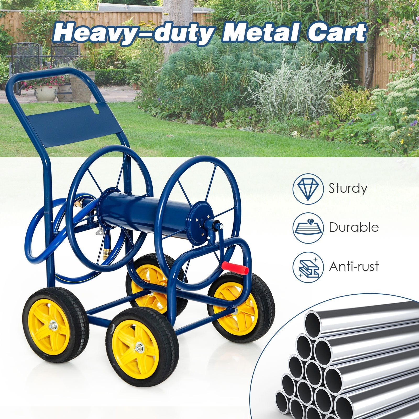 Topbuy 4-Wheel Garden Water Hose Reel Cart, Heavy Duty Wheel Water Planting Cart with Non-slip Crank Handle, Outdoor Slide Hose Guide System