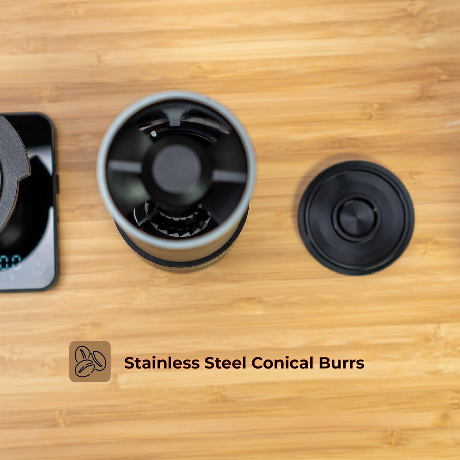 PT2 Portable Electric Burr Coffee Grinder with Stainless Steel Conical Burrs and USB-C Charging for Travel