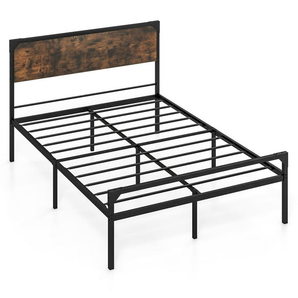 Giantex Cadre de Lit en Métal avec Tête de Lit en Bois, Base de Matelas Plateforme Format Double avec Espace sous le Lit et Support Solide à Lattes en Métal, Aucun Sommier Requis, Assemblage Facile