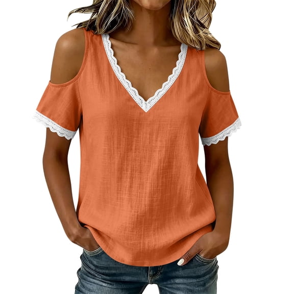 Cilsoka Lace Crochet Cold Shoulder Tops for Women Trendy Summer Short Sleeve Tunic Shirts Casual Loose Blouses