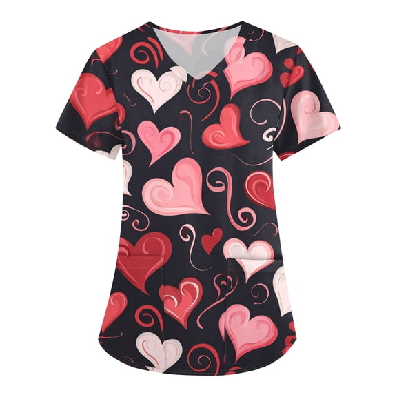 Valentine Day Scrub Tops for Woman Short Sleeve Quick Dry Love Heart Print Nursing Uniforms V Neck Medical Cute Scrubs with Pockets Multicolor 2XL