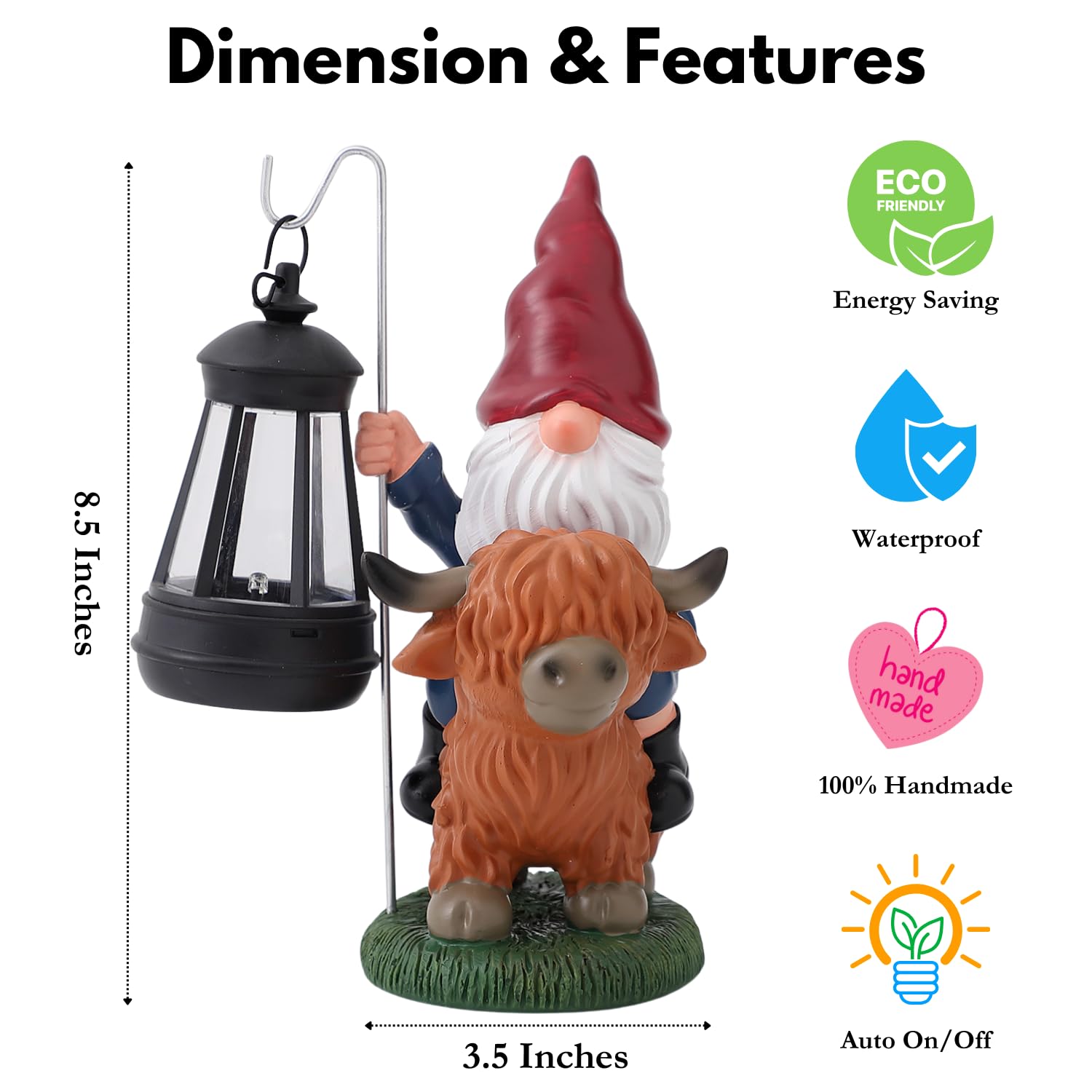Garden Gnomes Outdoor, Highland Cow Decor, Gnomes Decorations for Yard, Gnomes Cow Decor for Outside, Gnome Garden Decor with Solar Lights, Outdoor Solar Garden Statues, Gnomes Gifts for Women