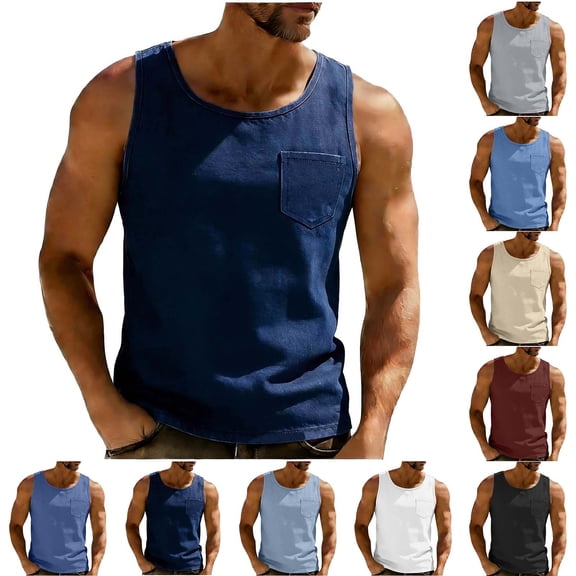 Men’s Muscle Tank Top with Pocket Athletic Sleeveless Shirt Breathable Faux Denim for Gym and Casual Wear Size 4XL White