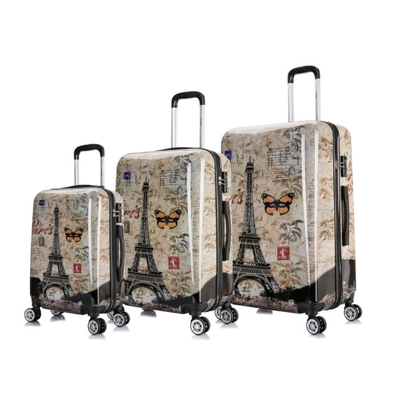 InUSA Print 3-Piece Hardside Luggage Sets with Spinner Wheels, Handle, Trolley, (20"/24"/28"), Paris