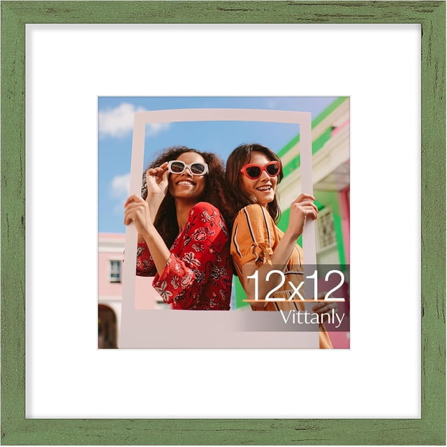 Vittanly 12x12 Picture Frame, Display Pictures 8x8 with Mat or 12x12 without Mat, Premium Material with Shatter Resistant Plexiglass, Square Frame for Wall Mounting, Home Decor, Rustic Green, 1 Pack