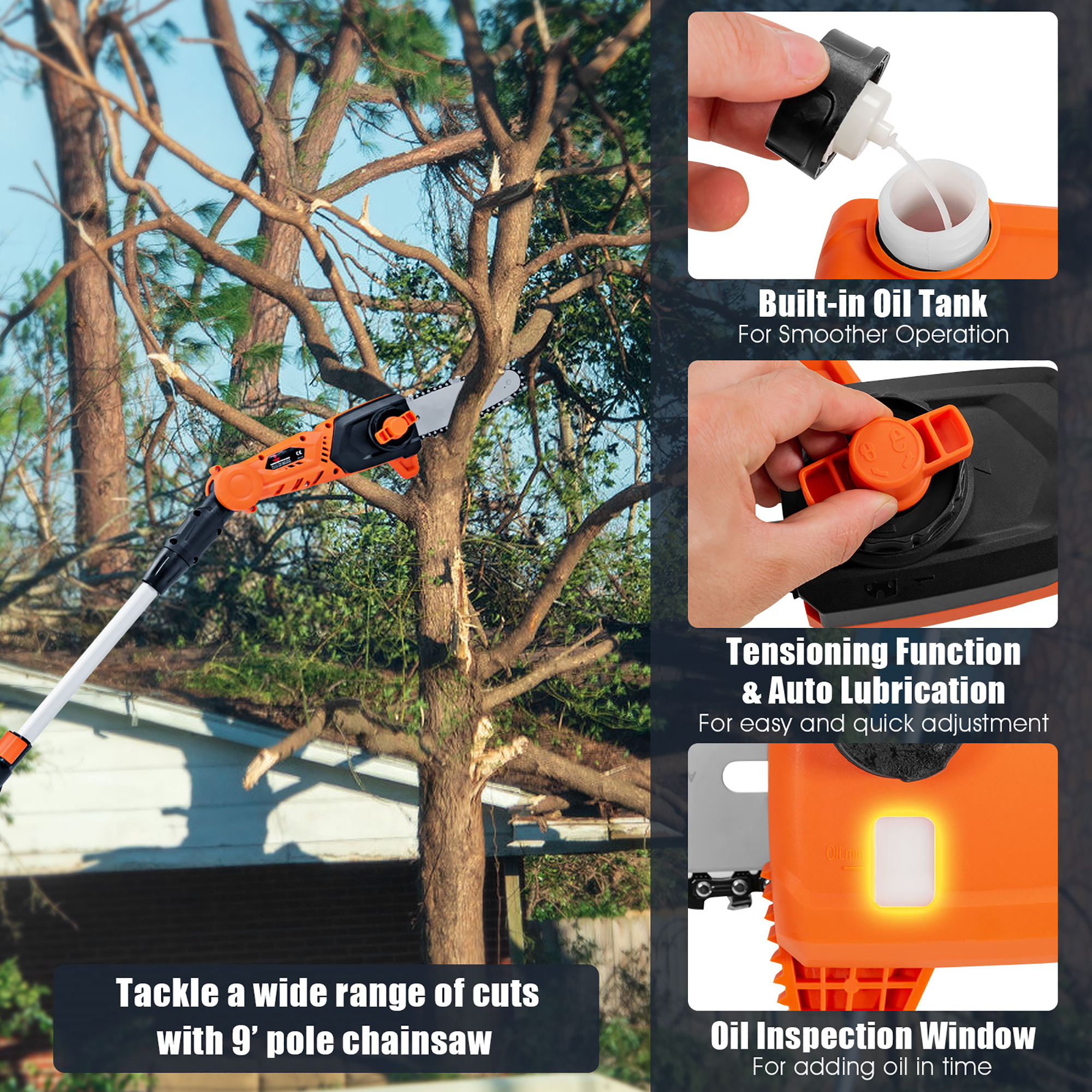 10/8-Inch Power Pole Saw for Outdoor Tree Trimming - Costway