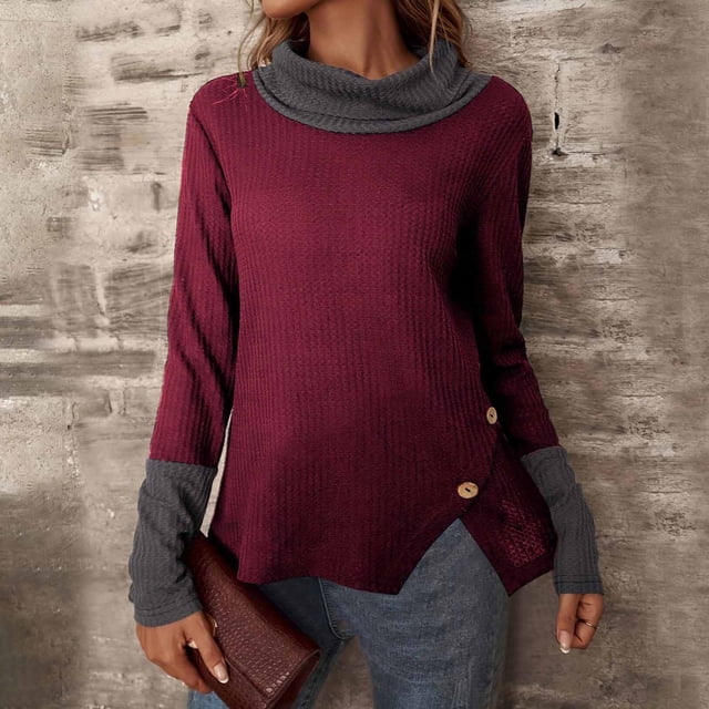 EGNMCR Chandail Col Roulé Mode Femme Contrastant Tricoté Décontracté Col Haut Automne Chandail Haut Femme Blouse Polyester