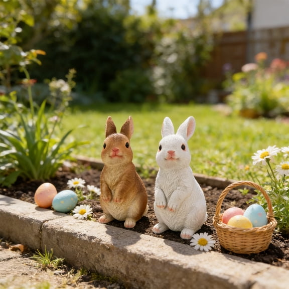Two Easter Bunny Ornaments, Lifelike Resin Rabbit Figurines, Little White Rabbits Garden Decorations, Outdoor Cute Bunny Statues for Home Table Display