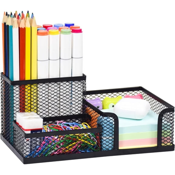 SAYEEC Black Mesh Desk Organizer with 3 Compartments, Multi-Functional Metal Pen Holder Caddy for Home & Office