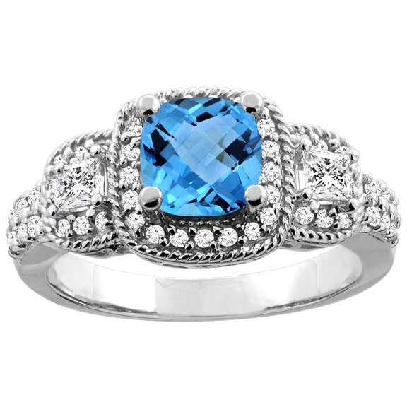 10K White Gold Natural Swiss Blue Topaz Ring Cushion 6x6 mm Diamond Accent, size 9