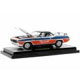 thumbnail image 2 of 1971 Plymouth Barracuda 440 Pearl White w/Blue and Red Stripes and Black Top Ltd Ed 1/24 Diecast Model Car by M2 Machines, 2 of 3