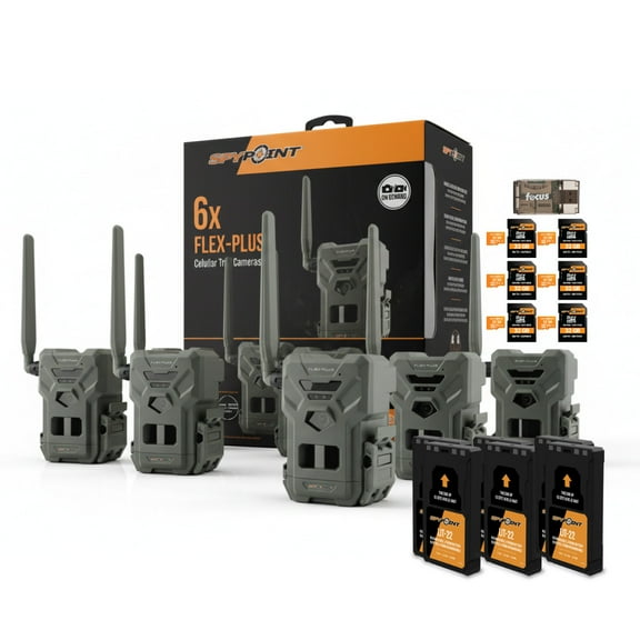 SPYPOINT Flex-Plus 36MP 1080p Cellular Trail Camera (6-Pack) Bundle with 32GB MicroSD and Card Reader (9-Items)