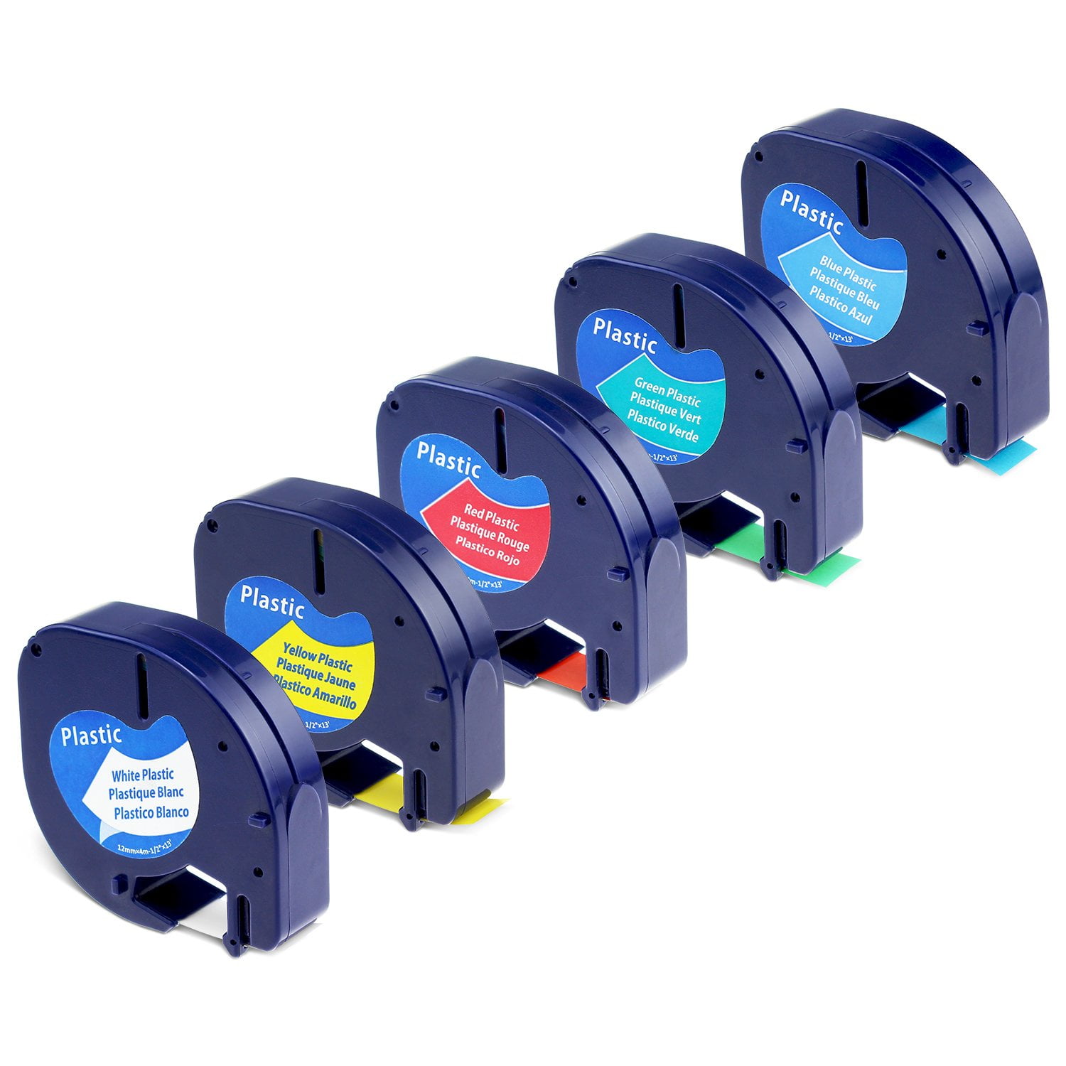 5X Compatible Dymo LetraTag Plastic Label Tape 12 mm x 4 m Black on White/Yellow/Blue/Red/Green for Dymo LetraTag LT100H LT100T LT110T QX50 XR Label Maker