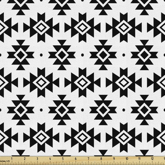 Ambesonne Tribal Fabric by the Yard Upholstery, Aztec Motif Native Folk Art, 2 Yards, Black and White