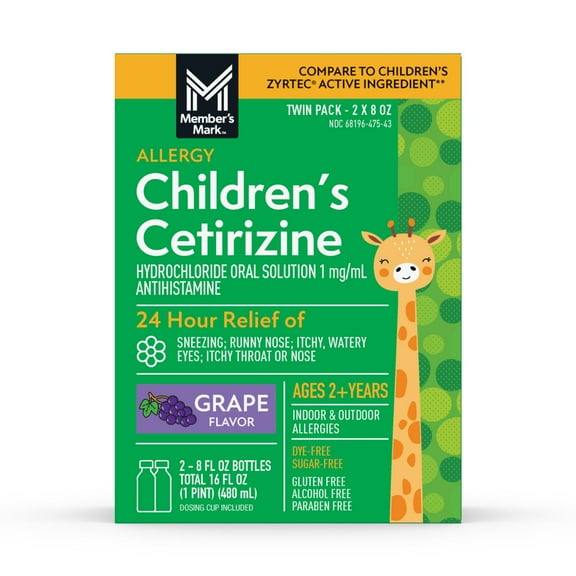 Member's Mark Children's Cetirizine Hydrochloride All Day Allergy Oral Solution, Grape Flavored, 8 fl. oz., 2 pk.