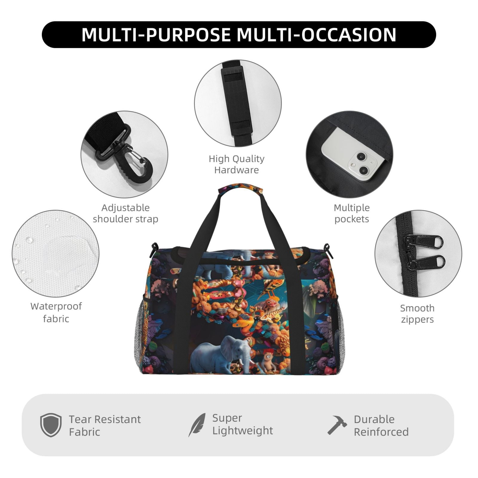 Fuzoiu Whimsical Animal Spiral Print Travel Duffle Bag,Carry On Tote Bags,Duffel Bag,Sport Gym Bag, Hospital Bag for Labor and Delivery, Overnight Bag,Luggage Bag