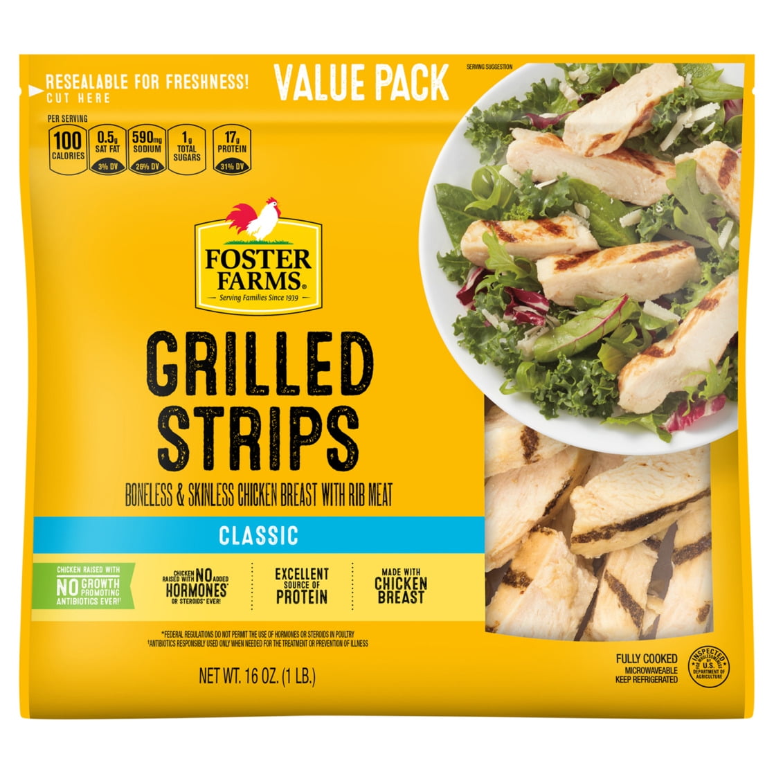 Foster Farms Boneless & Skinless Fully Cooked Refrigerated Grilled Strips Chicken Breast Value Pack, 16 oz