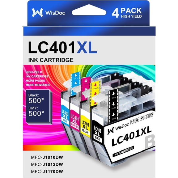 LC401XL Ink Cartridges Compatible with Brother LC401 Ink Cartridge for MFC-J1010DW MFC-J1012DW MFC-J1170DW Printer  4-Pack (Black Cyan Magenta Yellow)