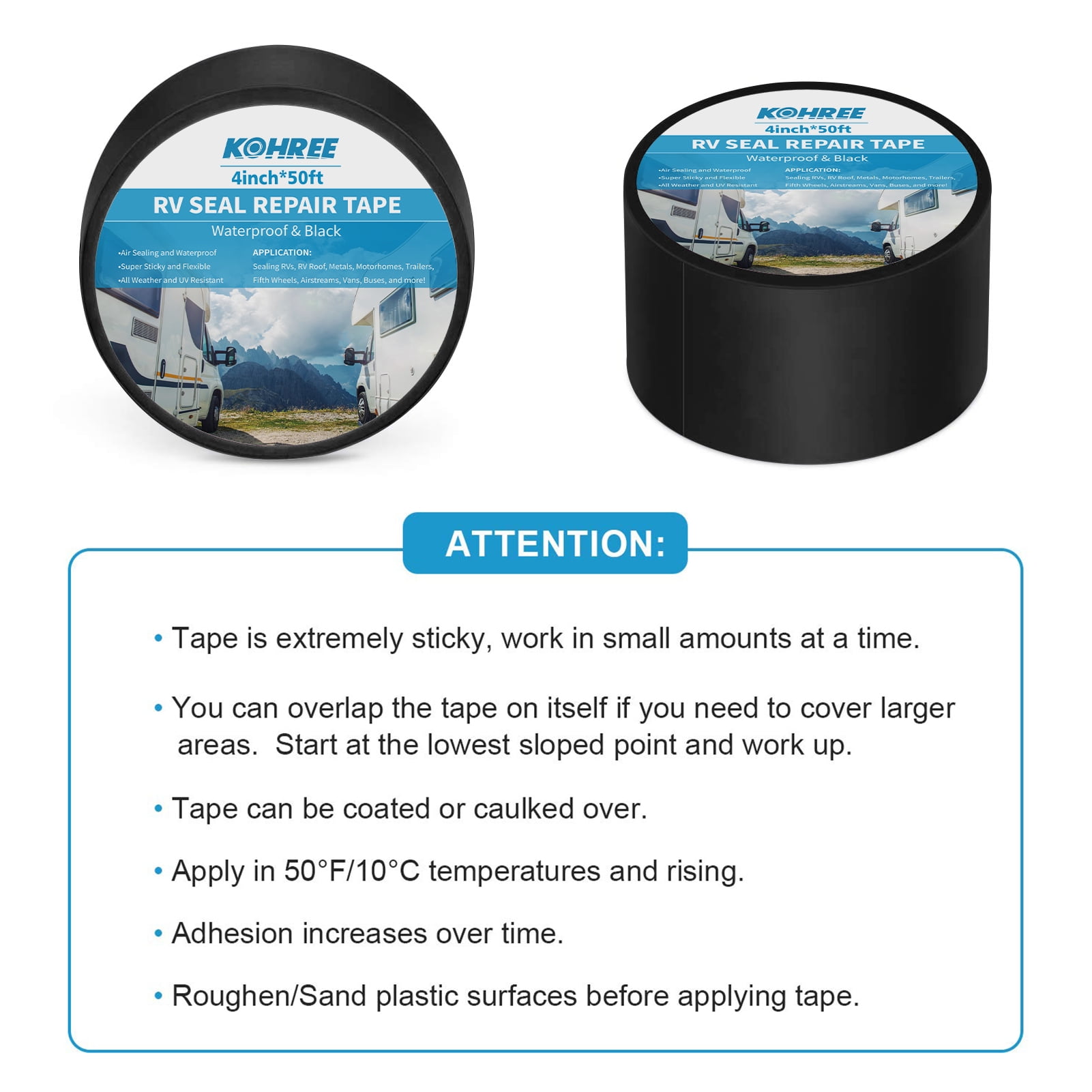 Kohree RV Sealant Tape,4 Inch x 50 Feet for RV Repair,Boat Sealing, Camper, Awning, Canopy, Tents, Roof Leaks,Black