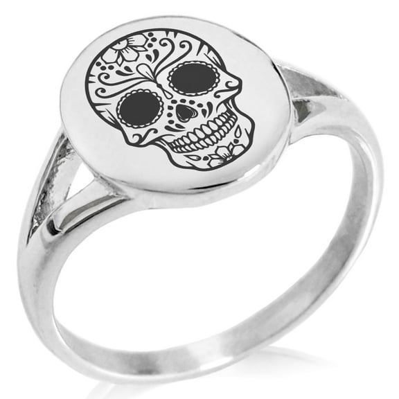 Tioneer Stainless Steel Day of the Dead Calaveras Mischievous Skull Minimalist Oval Top Polished Statement Signet Ring